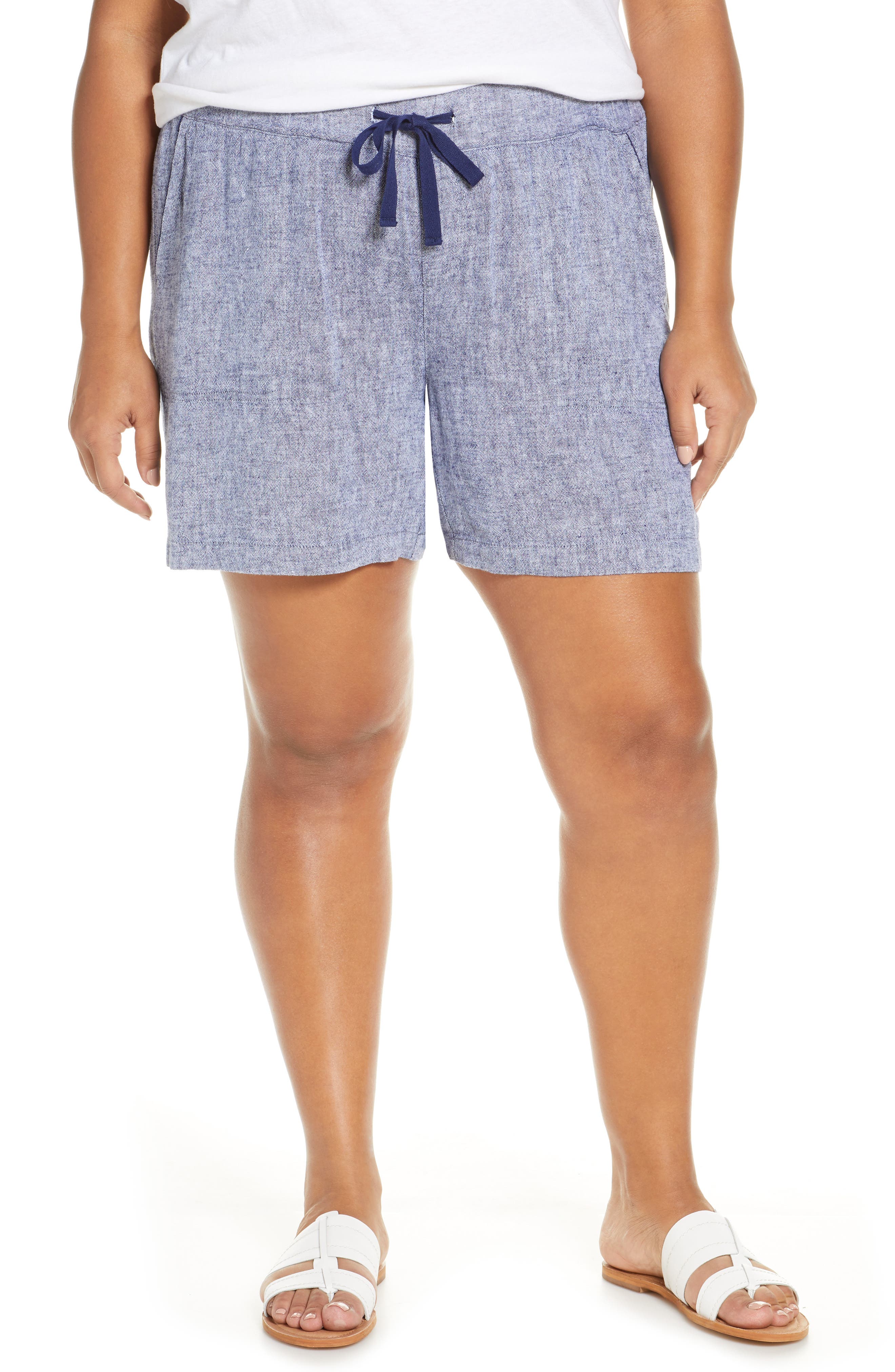 Ladies Plus size 24  Navy Blue LINEN blend  Shorts Elastic waist NEW